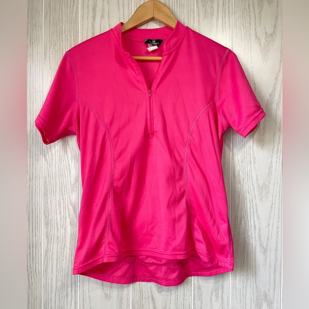 Canari Cycling Shirt Women L Pink Quarter Zip Mock Neck Short Sleeve Back Pocket